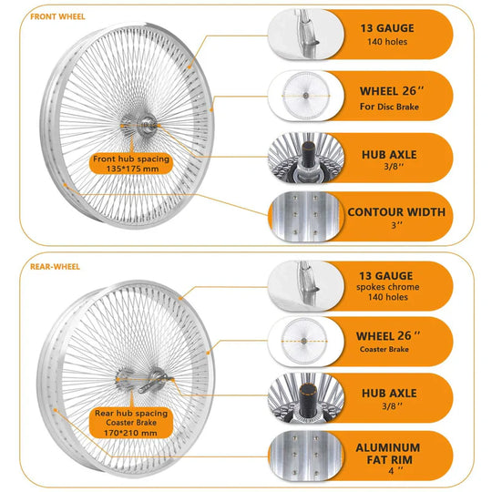 Micargi WH-TR9526140 26"X4"X13GX140H ALUMINUM POLISH FAT RIMS WHEEL SET