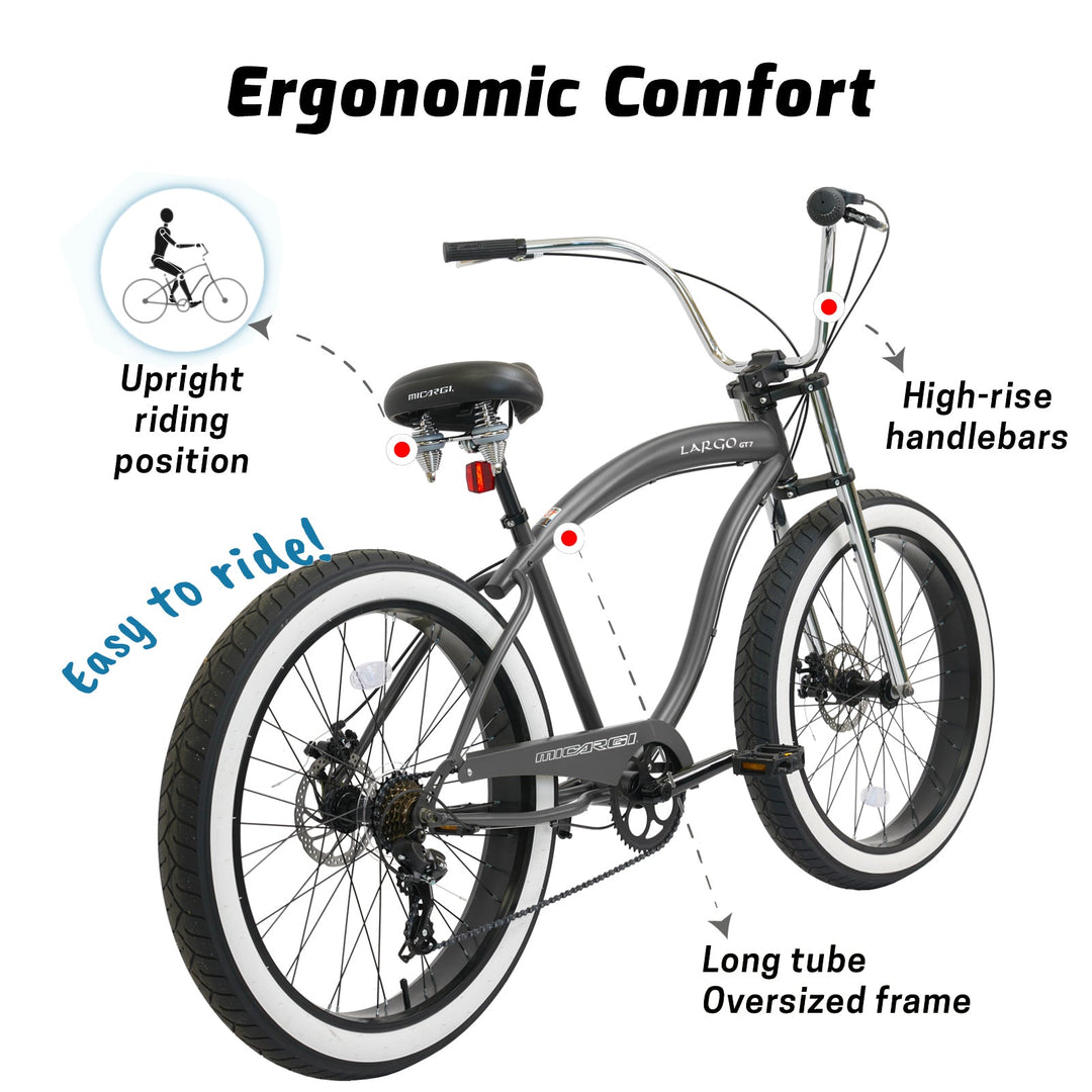 Micargi Largo GT7 26" Beach Cruiser Bike 7-Speed