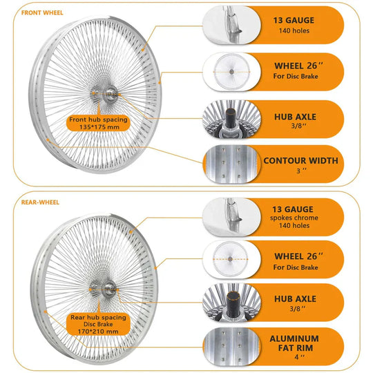 Micargi WH-TR9526140 26"X4"X13GX140H ALUMINUM POLISH FAT RIMS WHEEL SET