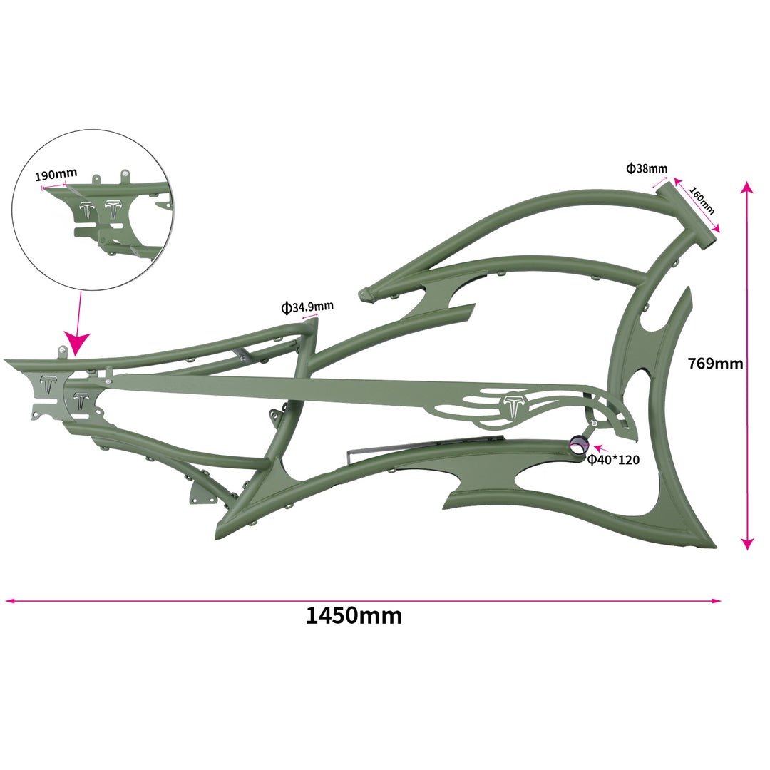 Tracer FM-RAPTOR Ebike Frame 26inch Stretch Chopper for 7 Speed/1 Speed