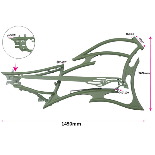 Tracer FM-RAPTOR Ebike Frame 26inch Stretch Chopper for 7 Speed/1 Speed