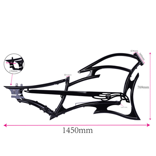 Tracer FM-RAPTOR Ebike Frame 26inch Stretch Chopper for 7 Speed/1 Speed