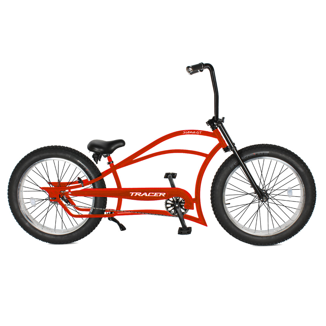 gt chopper bicycle Tracer Siena 26'' Stretch Cruiser Fat Tire Bikes Oversized Frame, Hi-rise Handlebar, Available in 1 Speed/7 Speed Single / Black Providing a Comfortable Ride for Daily Use and Longer Trips. GT Sprint Flamboyant Green -