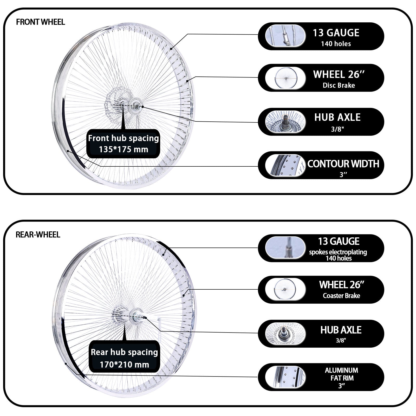 Micargi WH-TH7526140C-CP Lowrider 26*3 Alloy Chrome Fat Rims Wheel Set