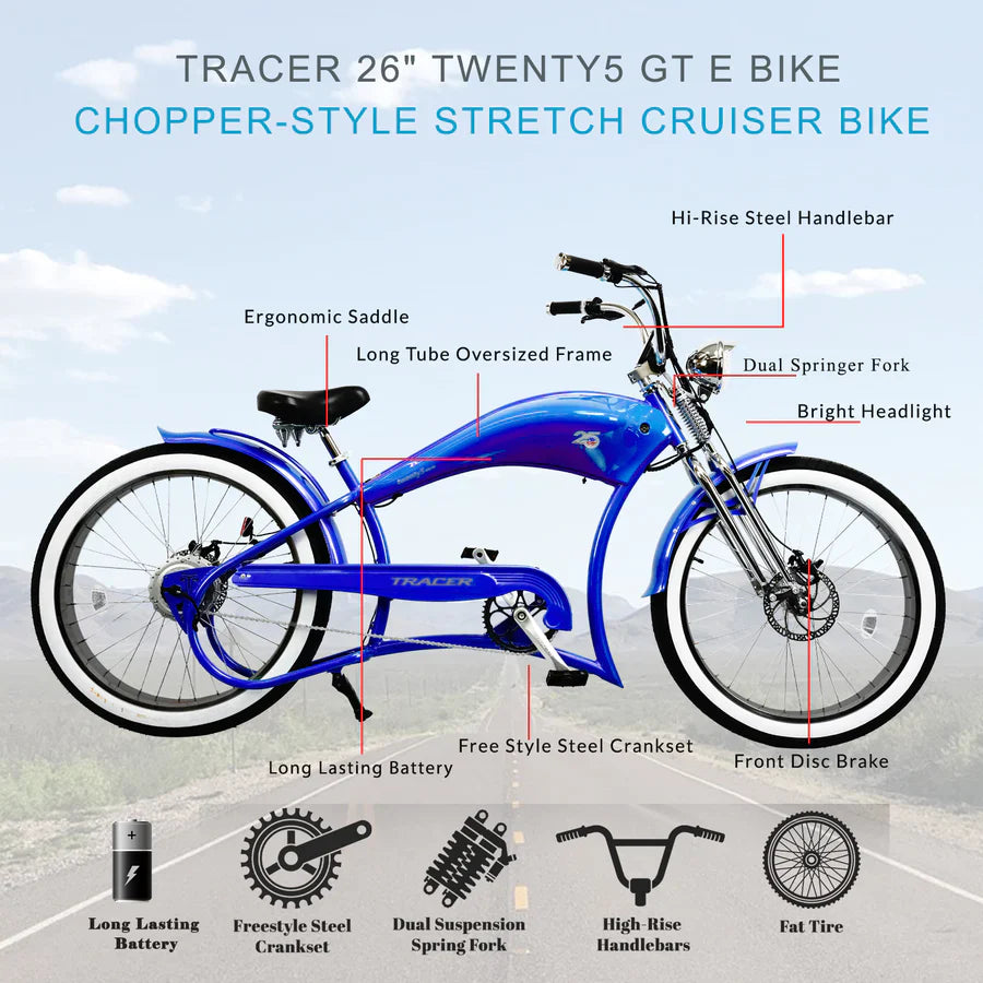 Tracer Twenty5 DS 500W Chopper Cruiser E-Bike Black/PLS Tracer Twenty5 DS 500W Chopper Cruiser E-Bike Black/PLS